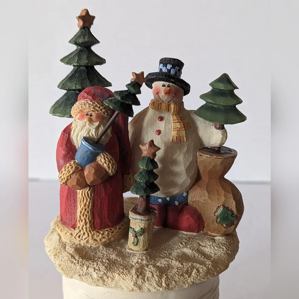 VTG Rustic Christmas Candle Holder With Topper Santa‎ And Snowman 7 1/2